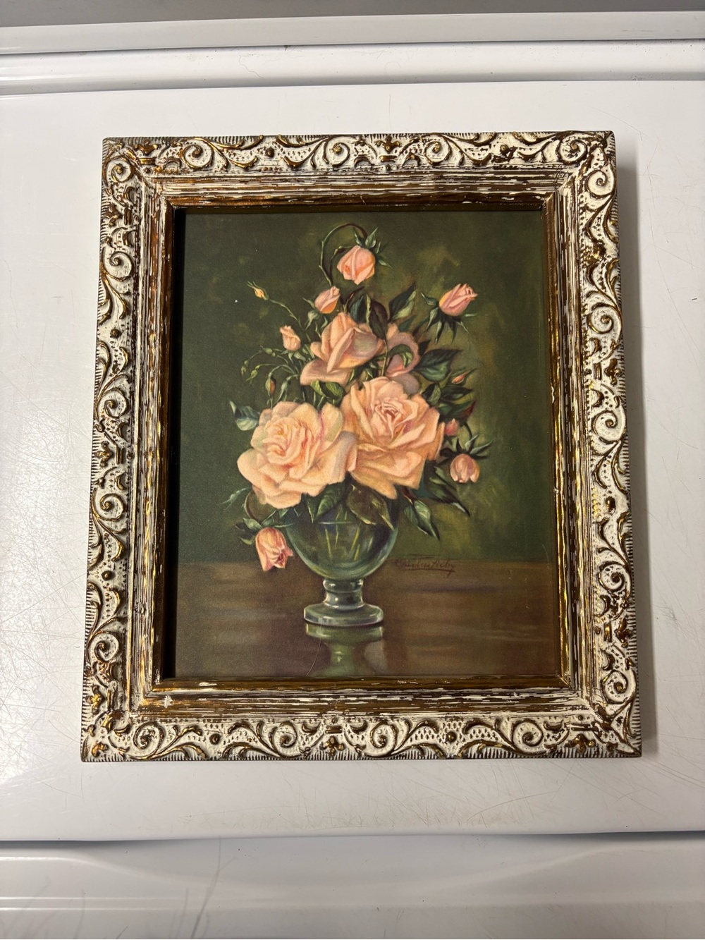 Framed Floral Art Print - Peach Roses in Green Vase, Distressed Cream Frame